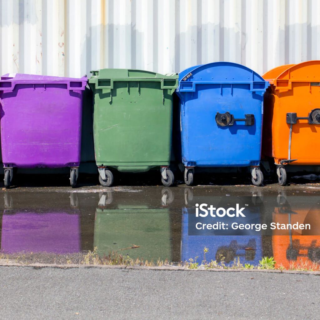 View of a large group of recycling containers, UK get a quote for bin collections